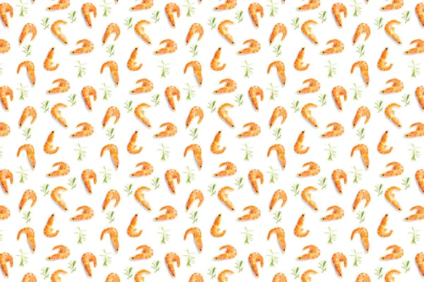 Tijgergarnalen. Zeevruchten achtergrond gemaakt van garnalen geïsoleerd op een witte achtergrond. moderne achtergrond van gekookte garnalen, zeevruchten. niet naadloos patroon — Stockfoto