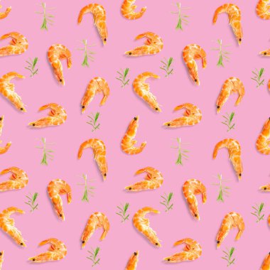 Kaplan karidesi. Pembe arka planda karidesten yapılmış kusursuz desen. Karidesli deniz ürünleri deseni. deniz ürünleri deseni