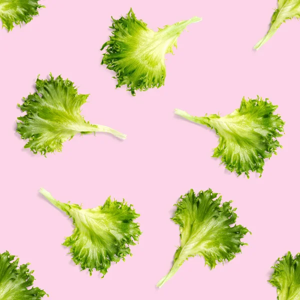 Αδιάλειπτη μοτίβο από μαρούλι πράσινη σαλάτα φύλλα. Σαλάτα με τριφύλλι που απομονώνεται σε ροζ. σαλάτα παγόβουνο επίπεδη θέσει — Φωτογραφία Αρχείου