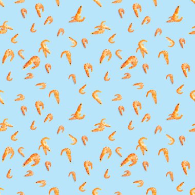 Kaplan karidesi. Karidesten yapılmış kusursuz desen mavi bir arka planda izole edilmiş. Karidesli deniz ürünleri deseni. deniz ürünleri deseni