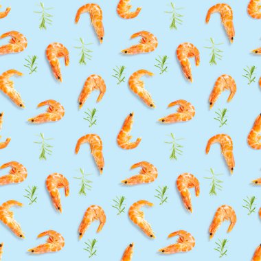 Kaplan karidesi. Karidesten yapılmış kusursuz desen mavi bir arka planda izole edilmiş. Karidesli deniz ürünleri deseni. deniz ürünleri deseni