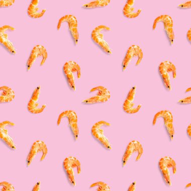 Kaplan karidesi. Pembe arka planda karidesten yapılmış kusursuz desen. Karidesli deniz ürünleri deseni. deniz ürünleri deseni