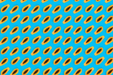 Mavi arka planda taze olgun papaya arkaplanı. Tropik soyut arka plan. Üst Manzara. modern