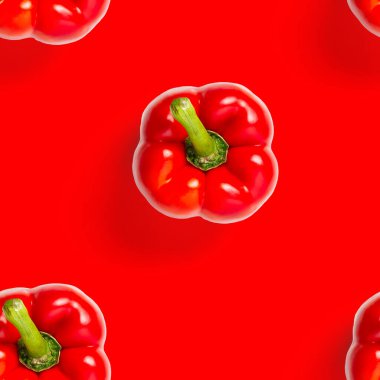 Kırmızı arka planda pürüzsüz İspanyol kırmızı biberi deseni. Duvar kağıdı, baskı deseni, üst görünüm, düz düzen, izole edilmiş