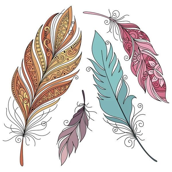 Set of Colored Ornate Feathers Royalty Free Stock Vectors