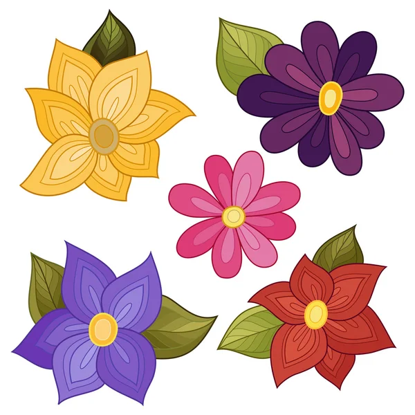 Conjunto de flores y hojas de contorno de colores — Vector de stock