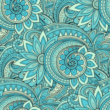 Çiçek Motifli Renksiz Desen. Çiçekli Sonsuz Doku, Yapraklar ve Girdaplar. Doodle Style 'da Doğal Geçmiş. Zarif süsler. Vector Contour İllüstrasyonu. Soyut Süsleme Sanatı