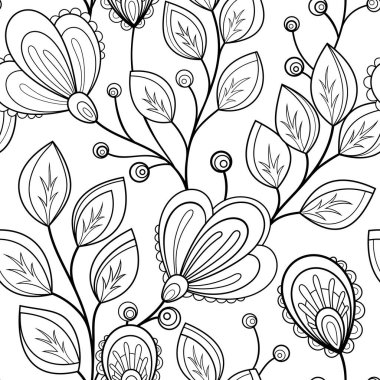 Soyut Çiçekler ve Yapraklar ile Tek Renkli Kusursuz Desen. Çiçek Motifli Sonsuz Doku. Doğa soyut elementlere ilham verdi. Boyama Kitabı Sayfası. Vektör İlişkisi İllüstrasyonu
