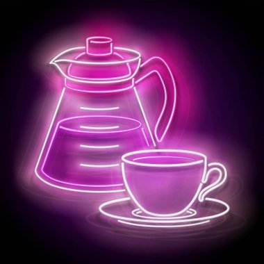 Fincanlı Glow Coffee Pot. Cafe Label, Sabah İçkisi. Neon Poster, Flyer, Banner, kartpostal, davetiye. Parlak Arkaplan. Vektör 3d Görüntü