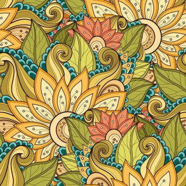 Çiçek Motifli Renksiz Desen. Çiçekli Sonsuz Doku, Yapraklar ve Girdaplar. Doodle Style 'da Doğal Geçmiş. Zarif süsler. Vector Contour İllüstrasyonu. Soyut Süsleme Sanatı
