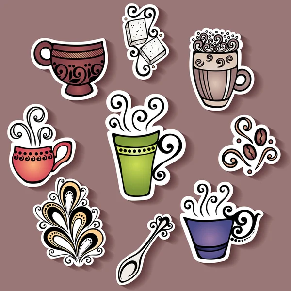 Vector set van stickers met decoratieve koffie cups — Stockvector