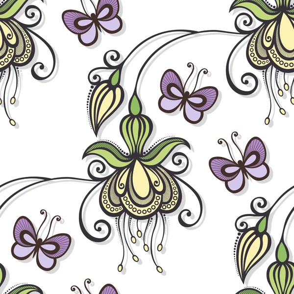 Seamless Ornate Floral Pattern with Butterflies — Stock Vector