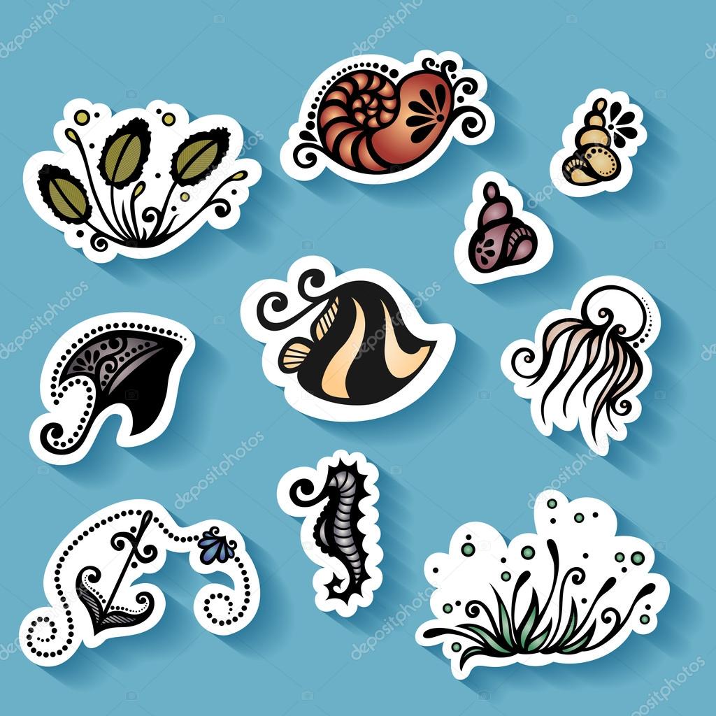 Vector Set of Stickers with Sea Flora and Fauna