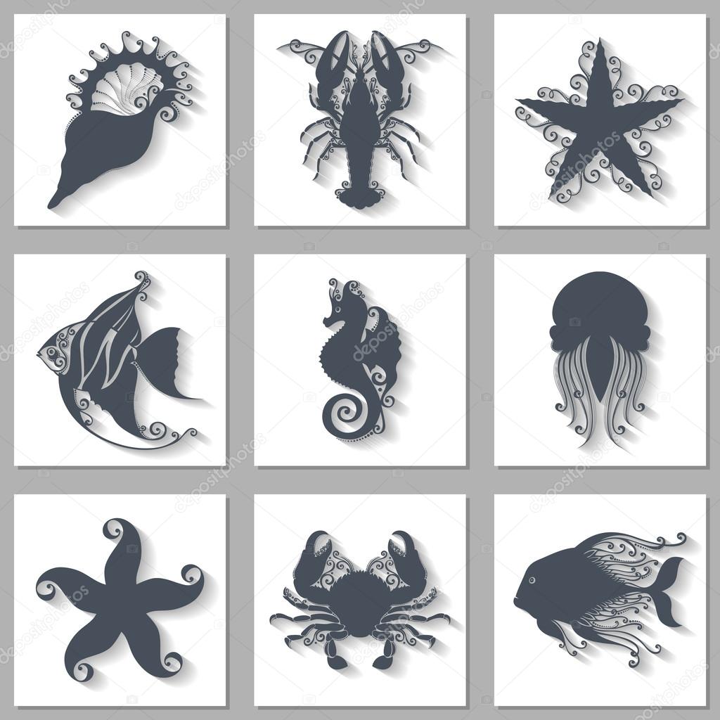 Set of Ornate Sea Animals Icons