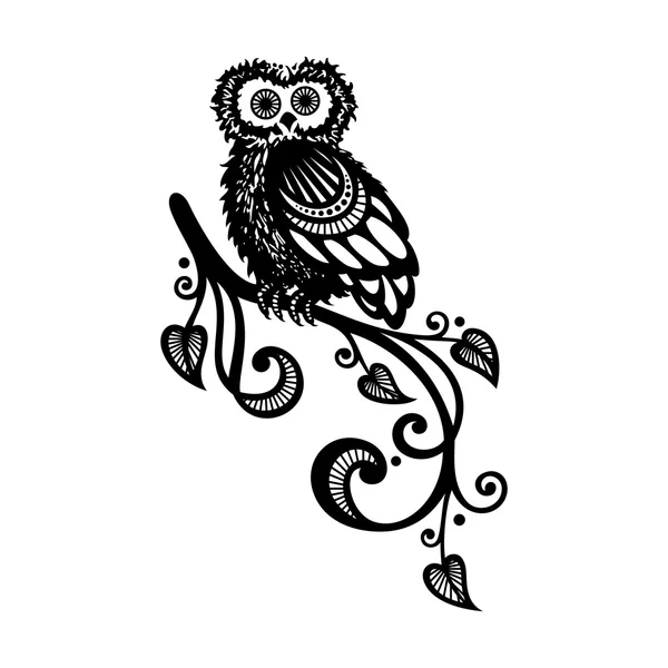 Hibou décoratif monochrome sur branche — Image vectorielle