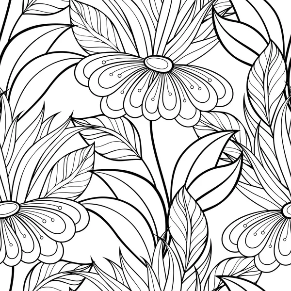 Monocromo, abstracto, patrón de flores de contorno — Vector de stock