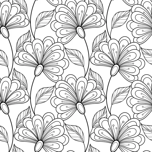 Monocromo, abstracto, patrón de flores de contorno — Vector de stock