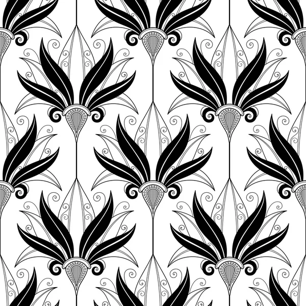 Monocromo, abstracto, patrón de flores de contorno — Vector de stock