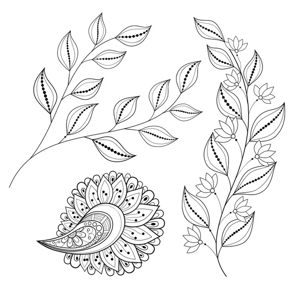 Ensemble de fleurs et feuilles monochromes — Image vectorielle