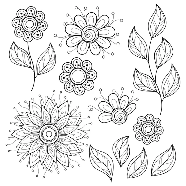 Conjunto de Contorno Flores y Hojas — Vector de stock