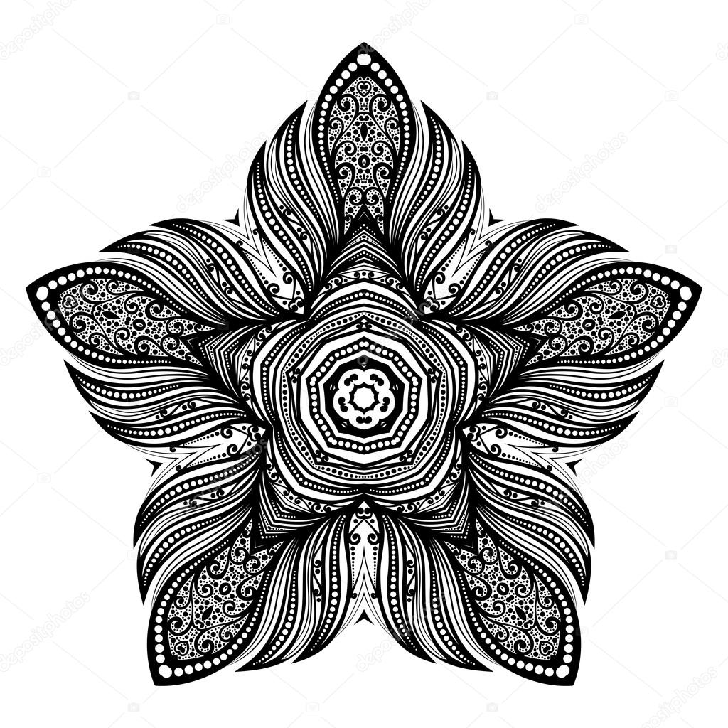 Vector Beautiful Deco Black Star, Patterned Design Element. Original Mandala with 5 Corners. Exotic Sea Fauna