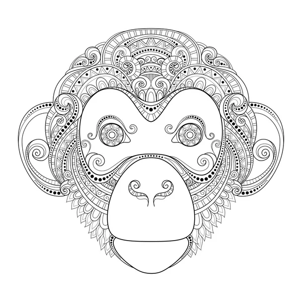 Cabeça de macaco monocromático ornamentado — Vetor de Stock