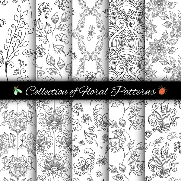 Monochroom naadloze Floral Patterns Set — Stockvector