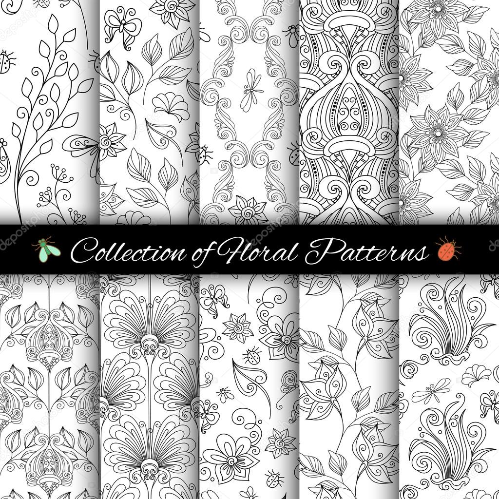 Monochrome Seamless Floral Patterns Set