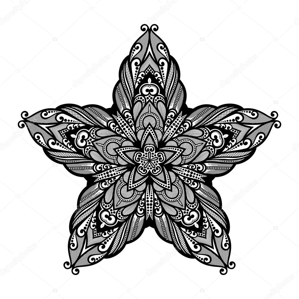 Vector Beautiful Deco Black Star, Patterned Design Element. Original Mandala with 5 Corners. Exotic Sea Fauna