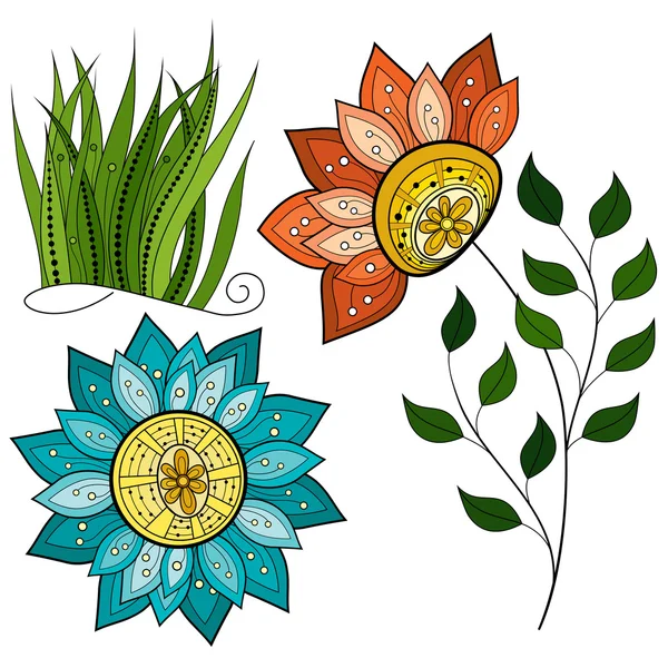 色の輪郭の花と葉のセット — ストックベクタ