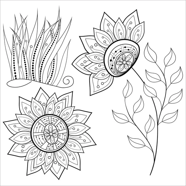 白黒輪郭花と葉のセット — ストックベクタ