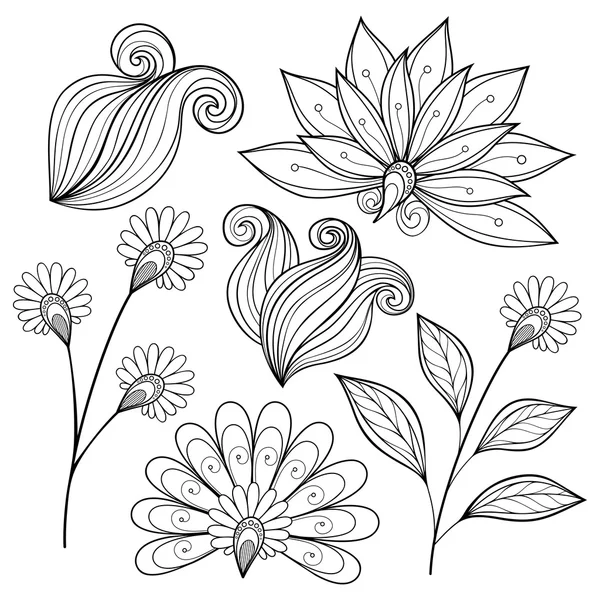 Set of Monochrome Contour Flowers and Leaves — Stock Vector