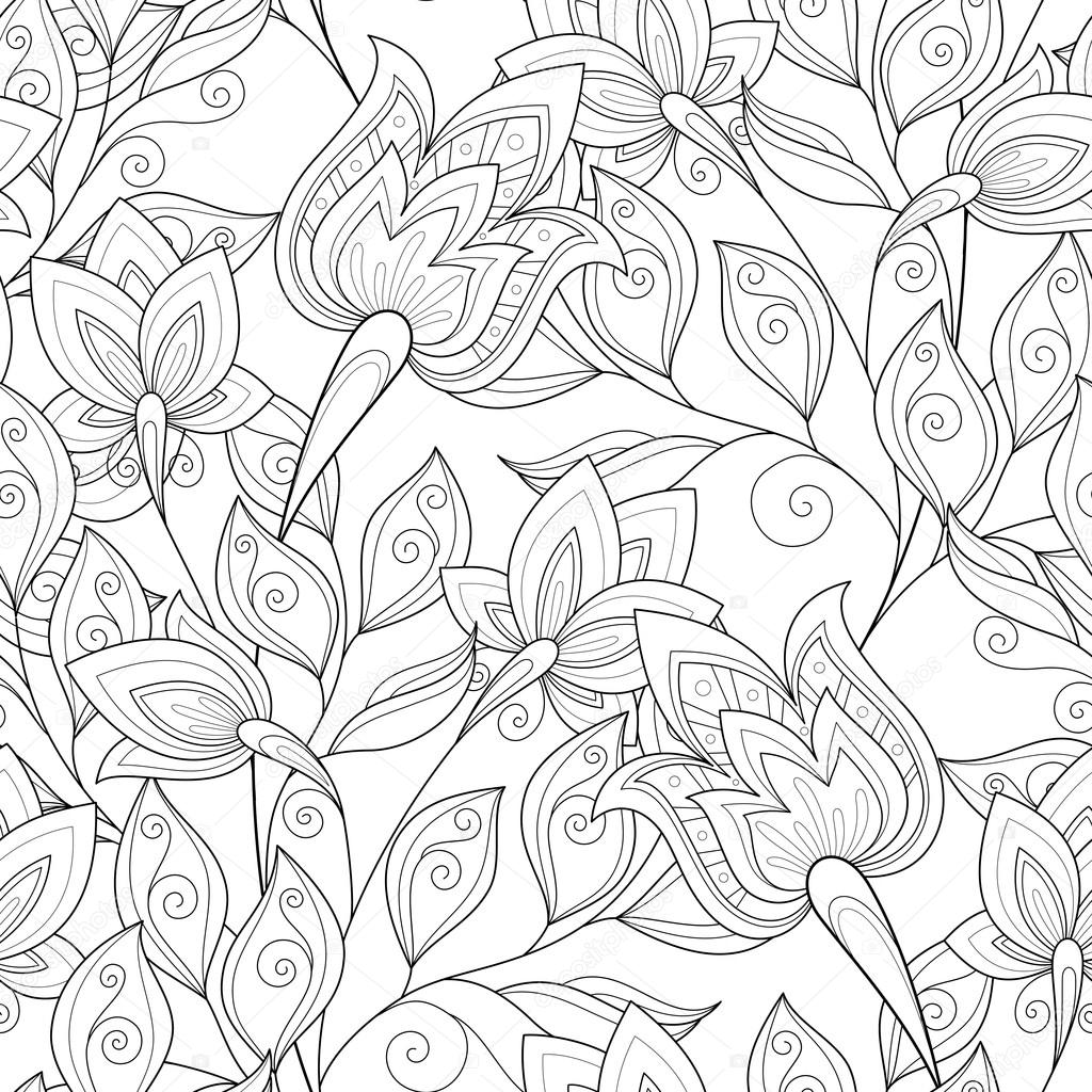 Vector Seamless Contour Floral Pattern. Hand Drawn Monochrome