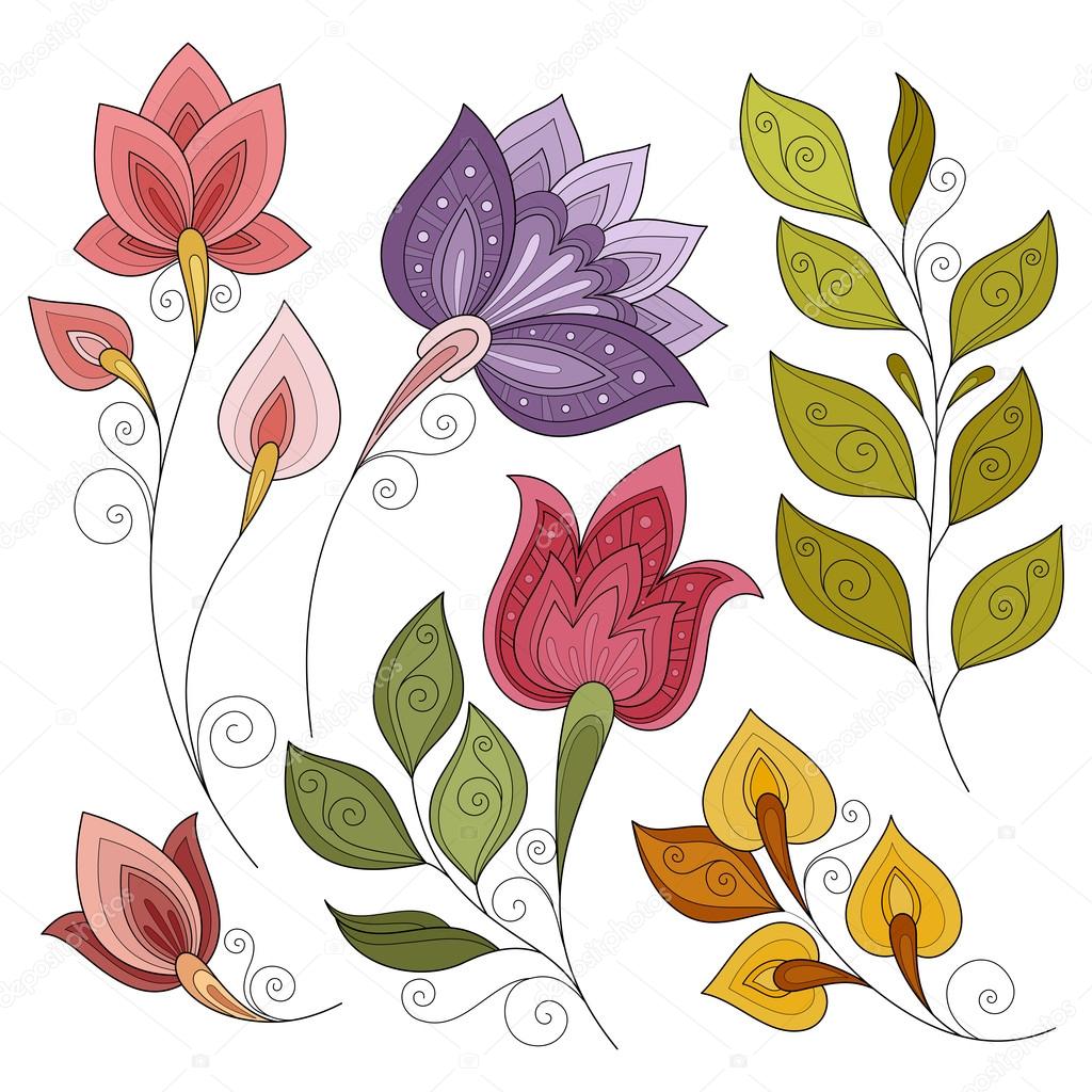 Set di contorno colorato di fiori e foglie — Vettoriali Stock Insieme di vettore di contorno colorato di fiori e foglie elementi di disegno floreale — Vettoriali di Krivoruchko
