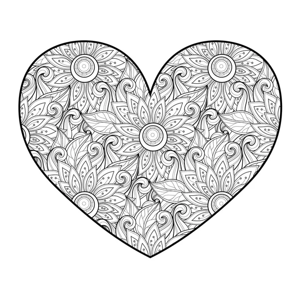 Cuore floreale monocromatico decorativo — Vettoriale Stock