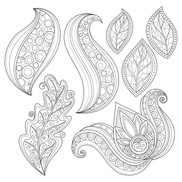 Conjunto de Contorno Monocromo Flores y Hojas — Vector de stock