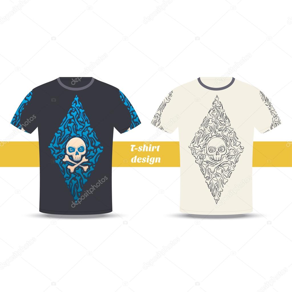 Reticolo di ossa e teschi disegnato tshirt di disegno con un colore e mano nera Situato su fondo bianco — Vettoriali di frostyara