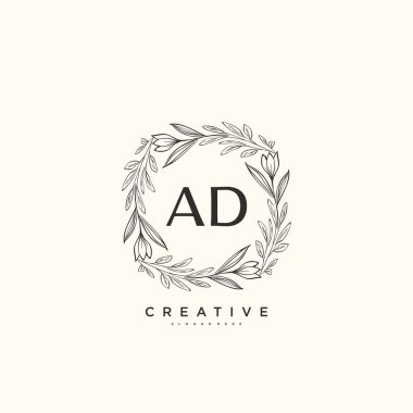 AD vektör ilk logosu, ilk imzadan oluşan el yazısı logosu, düğün, moda, mücevher, butik, çiçek ve botanik, herhangi bir şirket veya işletme için yaratıcı şablona sahip..