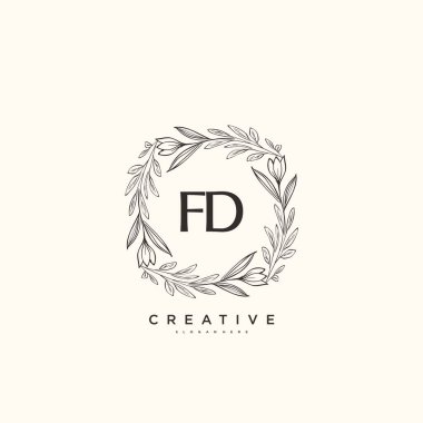 FD 'nin ilk logo sanatı, ilk imzadan oluşan el yazısı logosu, düğün, moda, mücevher, butik, çiçek ve botanik, herhangi bir şirket veya işletme için yaratıcı şablona sahip..