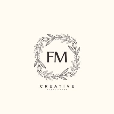 FM ilk logo sanatı, ilk imzadan oluşan el yazısı logosu, düğün, moda, mücevher, butik, çiçek ve botanik, herhangi bir şirket veya işletme için yaratıcı şablona sahip..