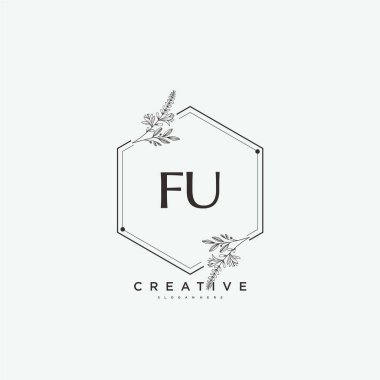 FU 'nun ilk logo sanatı, ilk imzadan oluşan el yazısı logosu, düğün, moda, mücevher, butik, çiçek ve botanik, herhangi bir şirket veya işletme için yaratıcı şablona sahip..