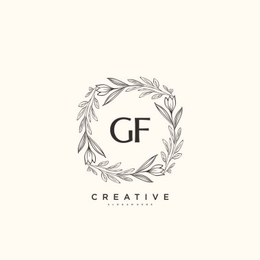 GF ilk logo sanatı, ilk imzadan oluşan el yazısı logosu, düğün, moda, mücevher, butik, çiçek ve botanik, herhangi bir şirket veya işletme için yaratıcı şablona sahip..