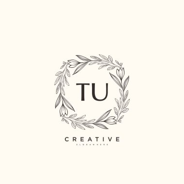 TU 'nun ilk logo sanatı, ilk imzadan oluşan el yazısı logosu, düğün, moda, mücevher, butik, çiçek ve botanik, herhangi bir şirket veya işletme için yaratıcı şablona sahip..