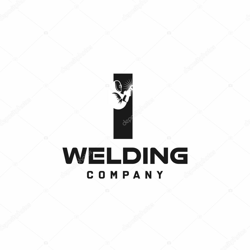 Letter I welding logo, welder silhouette working with weld helmet in simple and modern design style