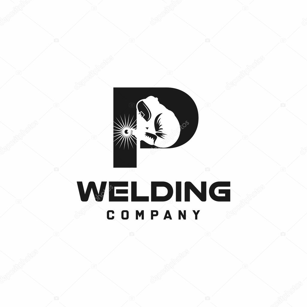 Letter P welding logo, welder silhouette working with weld helmet in simple and modern design style