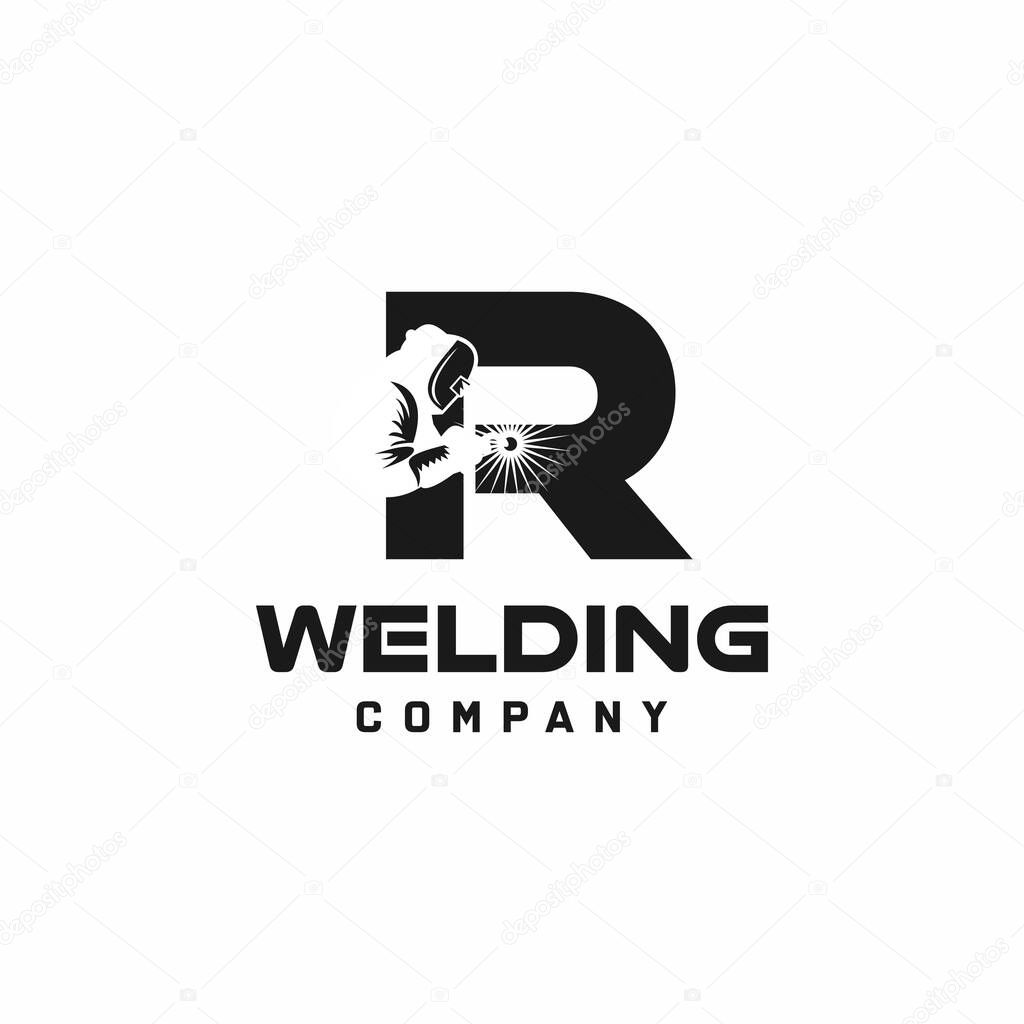 Letter R welding logo, welder silhouette working with weld helmet in simple and modern design style