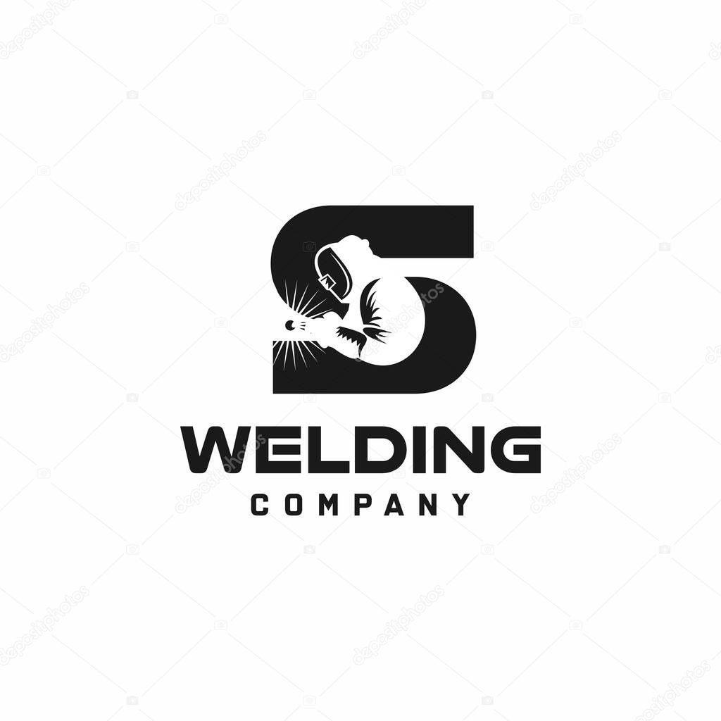 Letter S welding logo, welder silhouette working with weld helmet in simple and modern design style