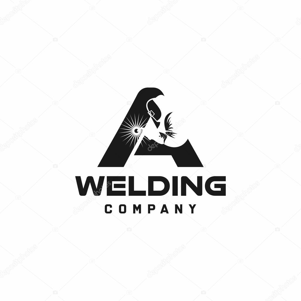 Letter A welding logo, welder silhouette working with weld helmet in simple and modern design style