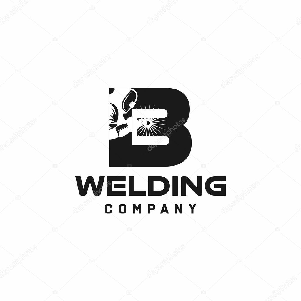 Letter B welding logo, welder silhouette working with weld helmet in simple and modern design style