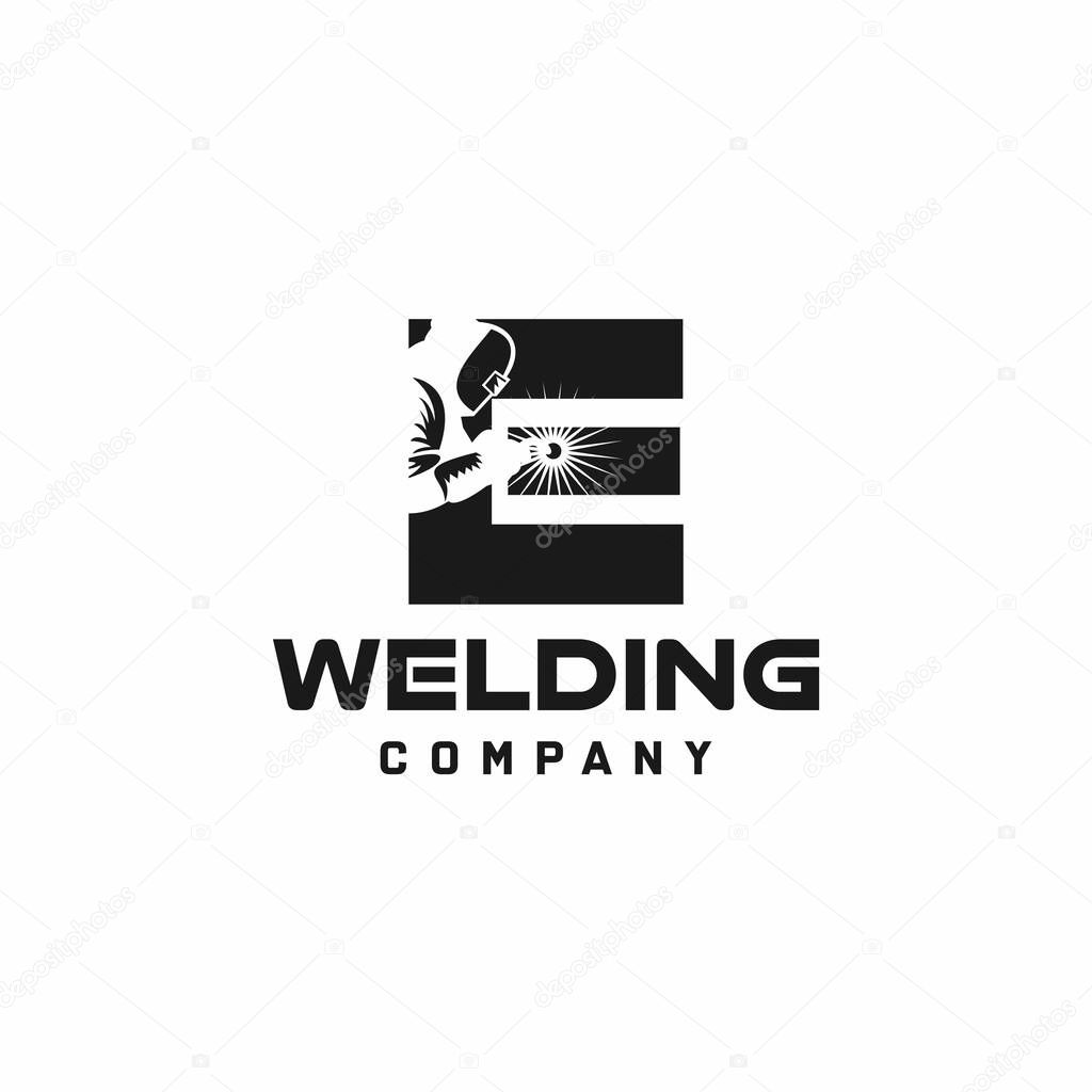 Letter E welding logo, welder silhouette working with weld helmet in simple and modern design style